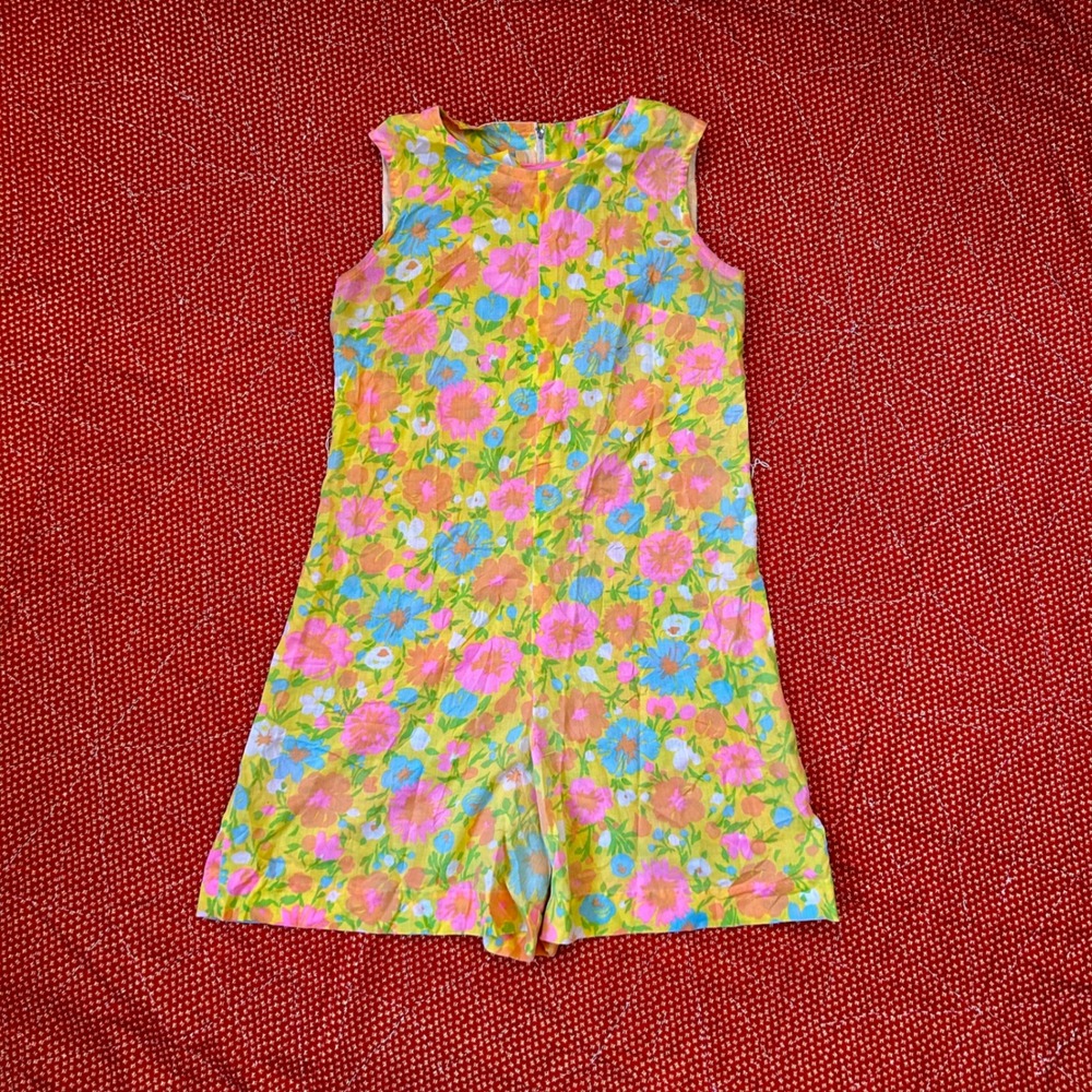 Vintage 70s Floral Sleeveless Romper Yellow Pink Blue Mod Psychedelic Mini